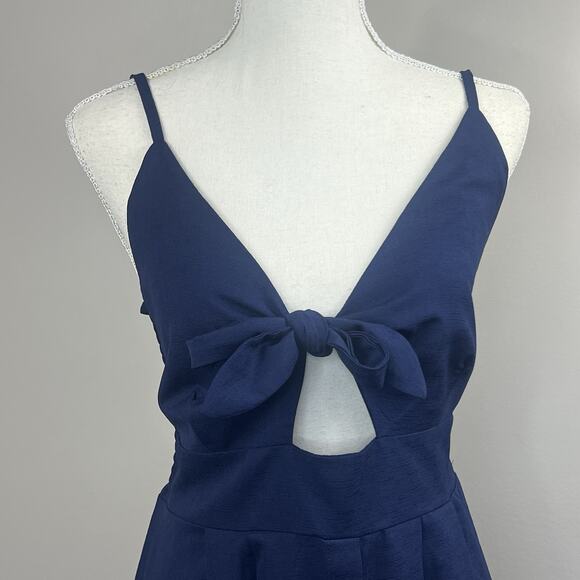 Yidarton Navy Blue Tie Front Summer Tank Midi Dress Size M Smocked Back - Picture 2 of 14